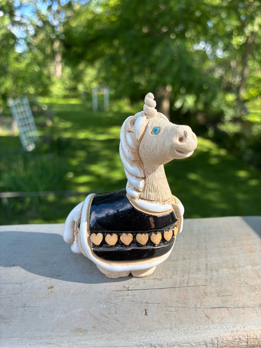 Handcrafted Cream and Black Ceramic Unicorn Sculpture - Decorative Home Art